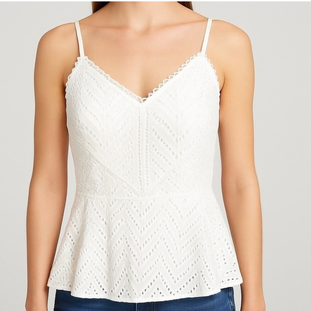 White House Black Market Eyelet Peplum‎ Cami Top Criss Cross Straps White 2